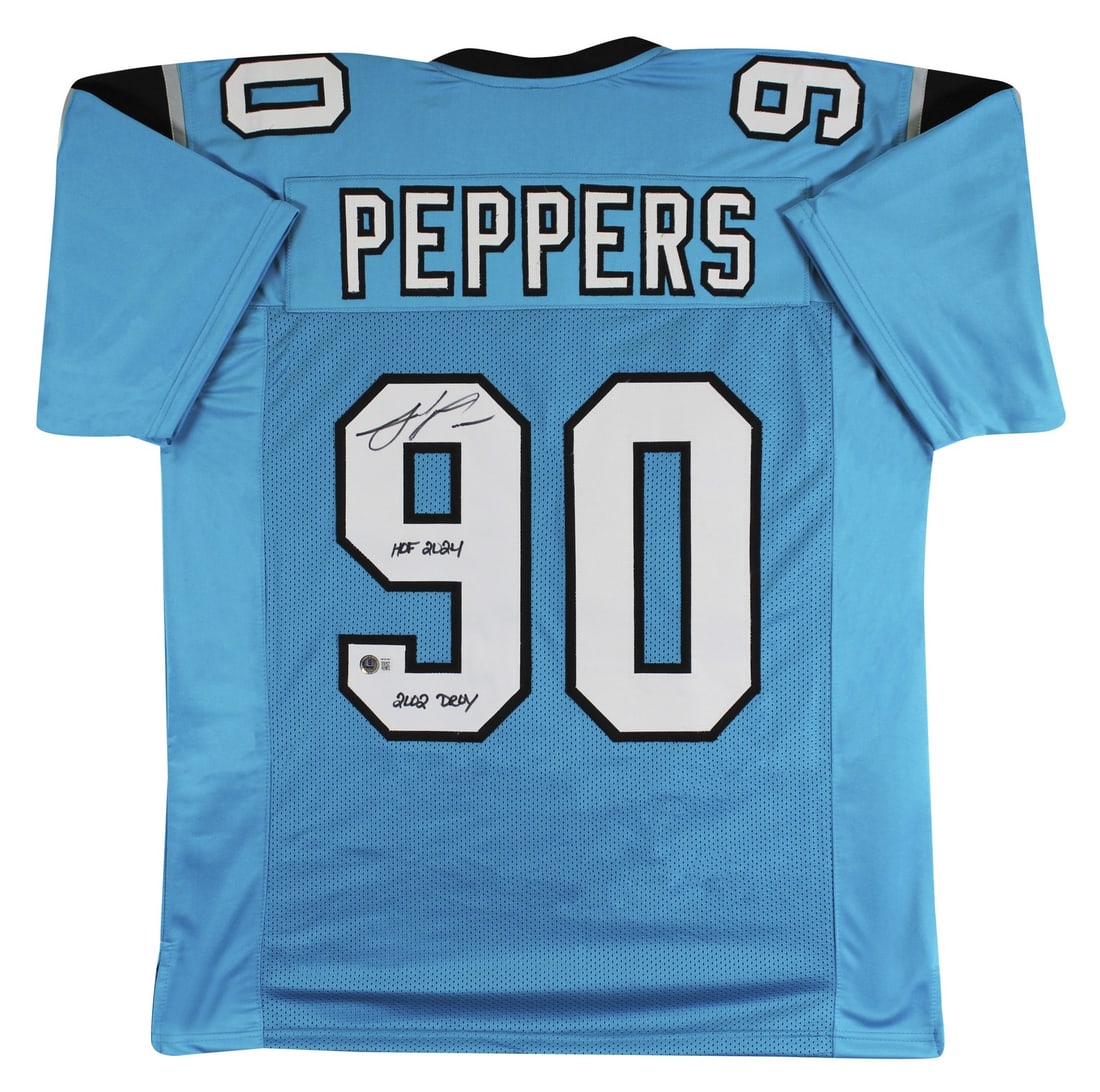 Julius Peppers Signed Teal Jersey HOF 2024 2002 DROY BAS Authenticated: Julius Peppers Signed Teal Jersey HOF 2024 2002 DROY BAS Authenticated This original teal Pro Style jersey is personally signed by Julius Peppers, featuring the inscriptions "HOF 2024" and "2002 DROY.