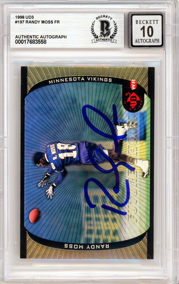 Randy Moss 1998 UD3 Future Shock RC Auto Card #197 BGS 10: Randy Moss 1998 UD3 Future Shock RC Auto Card #197 BGS 10 1998 Upper Deck UD3 #197 Randy Moss rookie football trading card from the 1998 UD3 set. It features Randy Moss, is autographed, and is identif