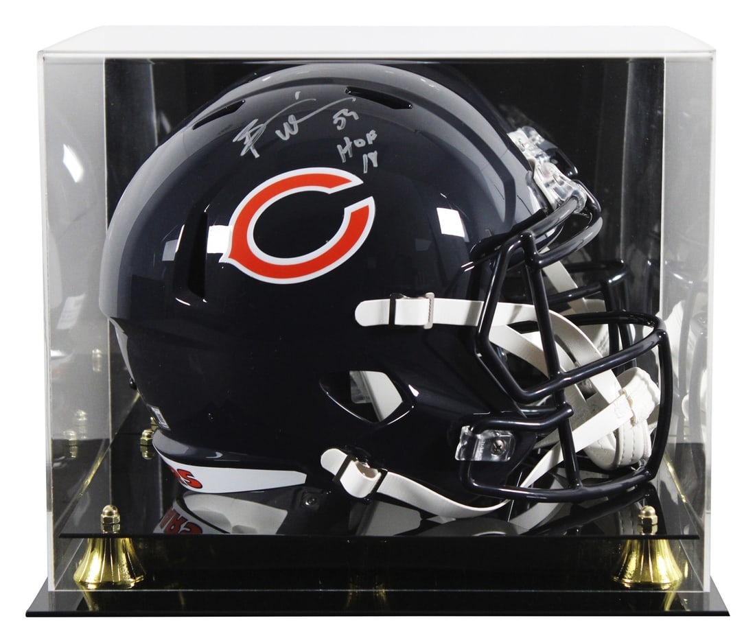 Brian Urlacher Bears signed full size speed replica helmet BAS case: Brian Urlacher Bears signed full size speed replica helmet BAS case This full-size Speed Replica helmet features the signature of Brian Urlacher, inscribed with "HOF 18," representing his Hall of Fame