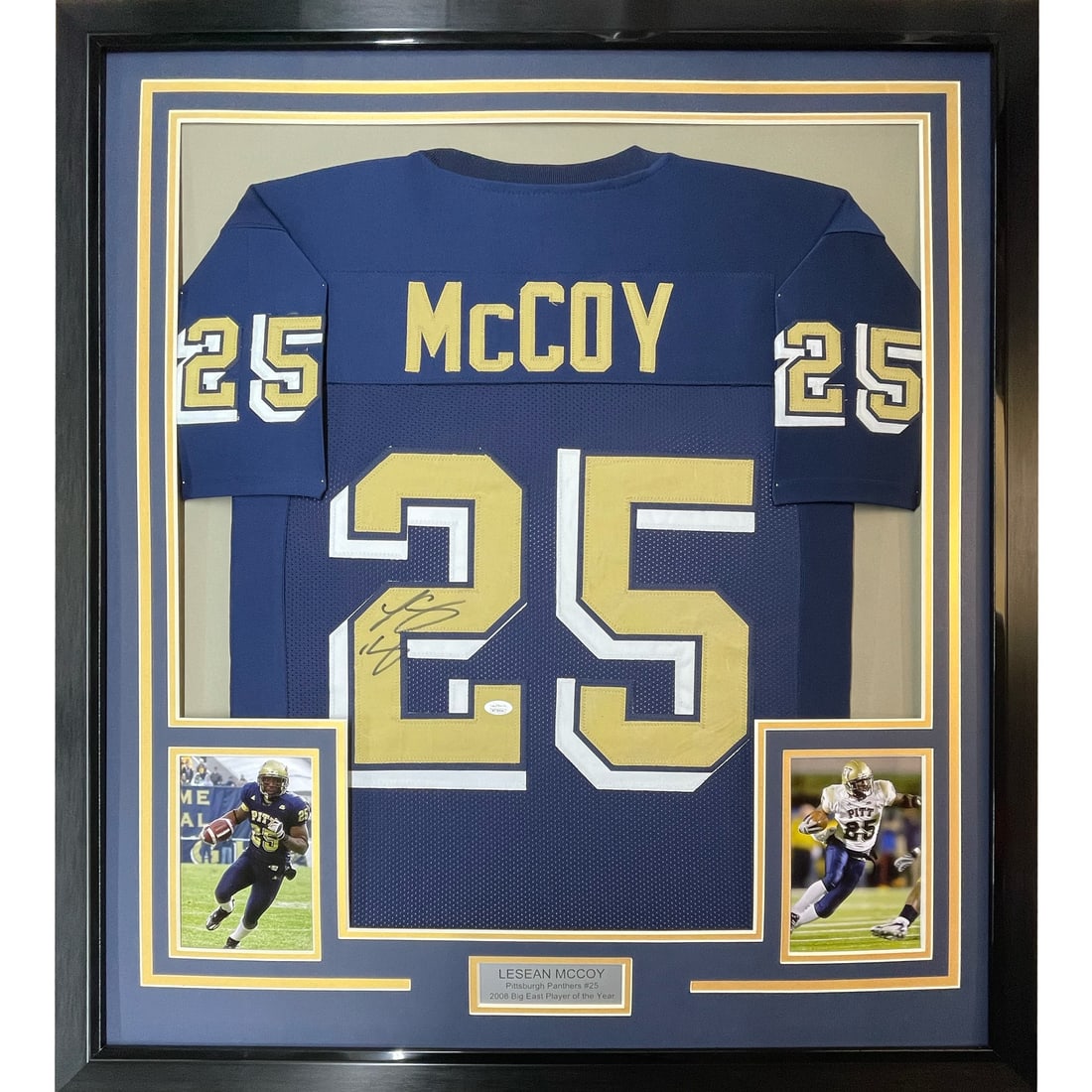 Framed Signed LeSean McCoy Pittsburgh Panthers Jersey with JSA COA: Framed Signed LeSean McCoy Pittsburgh Panthers Jersey with JSA COA This meticulously framed and autographed LeSean McCoy jersey is a must-have for any Pittsburgh Panthers fan. The jersey, featuring th