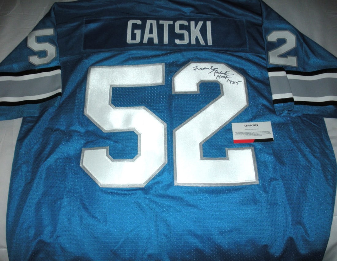 Wilson Detroit Lions Jersey Signed by Frank Gatski with COA: Wilson Detroit Lions Jersey Signed by Frank Gatski with COA This official licensed Wilson jersey is signed by Frank Gatski and commemorates the Detroit Lions as champions. The jersey is an original it
