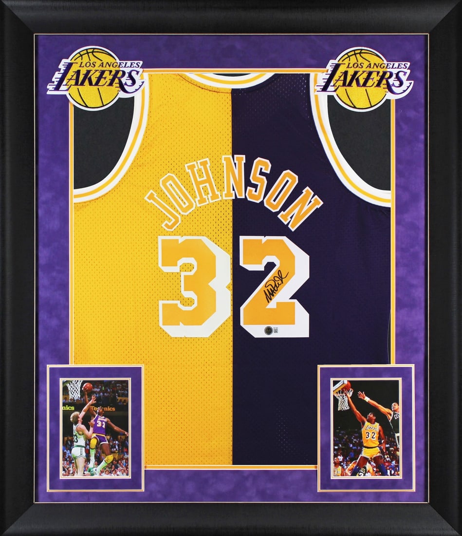 Framed Magic Johnson autographed Lakers Mitchell and Ness Swingman jersey BAS: Framed Magic Johnson autographed Lakers Mitchell and Ness Swingman jersey BAS This autographed Purple & Yellow split Mitchell & Ness 1984-85 Throwback Hardwood Classics Swingman jersey has been person