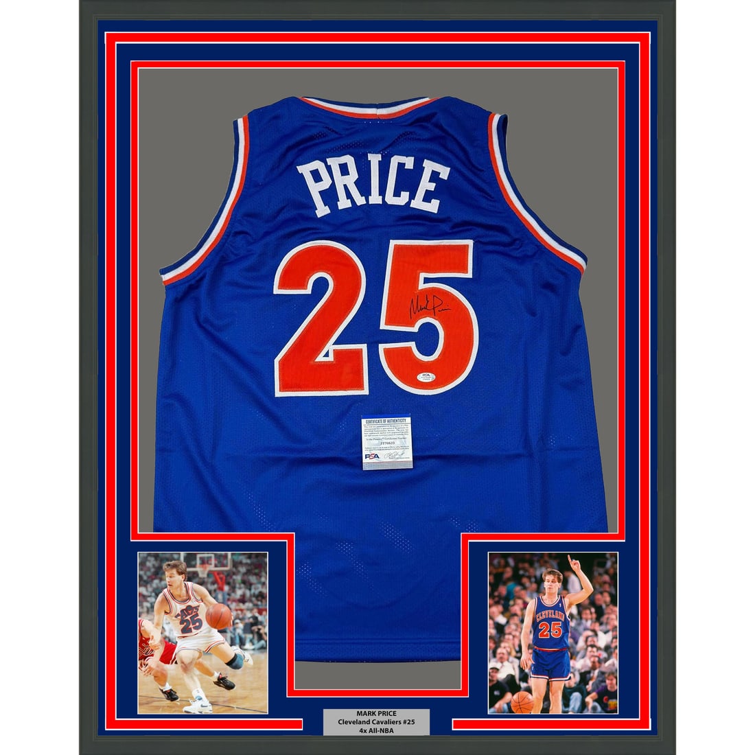 Framed Signed Mark Price Cleveland Cavaliers Jersey with JSA COA: Framed Signed Mark Price Cleveland Cavaliers Jersey with JSA COA Celebrate the legacy of NBA star Mark Price with this professionally framed and autographed Cleveland Cavaliers blue jersey. This origi
