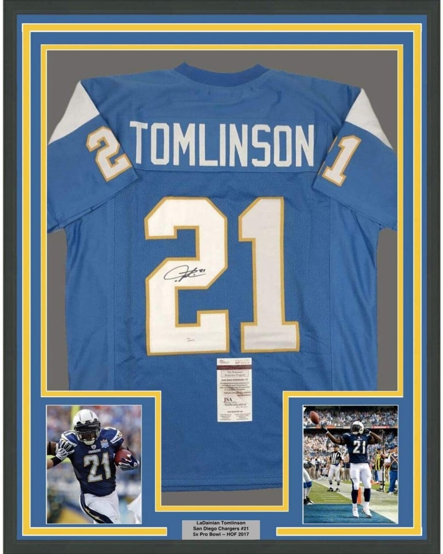 LaDainian Tomlinson Signed Powder Blue Football Jersey Framed Display With JSA COA: LaDainian Tomlinson Signed Powder Blue Football Jersey Framed Display With JSA COA This professionally framed and matted powder blue San Diego Chargers jersey features the authentic signature of LaDai