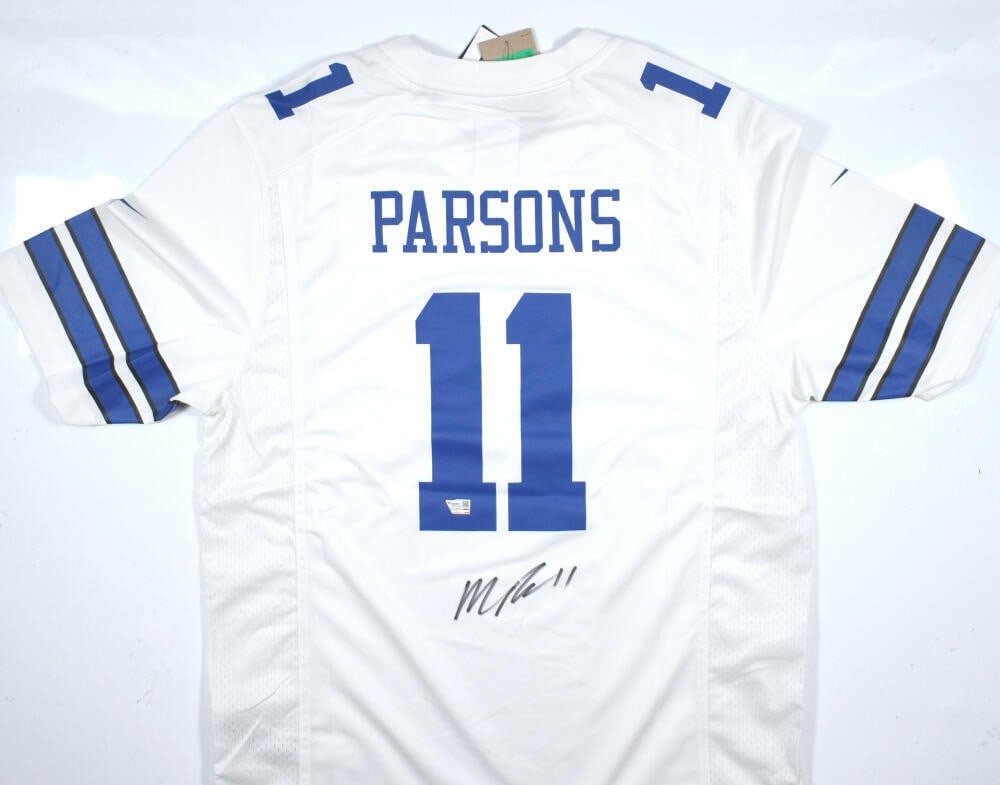 Signed Nike Game Jersey Micah Parsons Dallas Cowboys White: Signed Nike Game Jersey Micah Parsons Dallas Cowboys White Autographed Dallas Cowboys white Nike game jersey signed by Micah Parsons. The jersey is an original, pre-owned football product made in the 