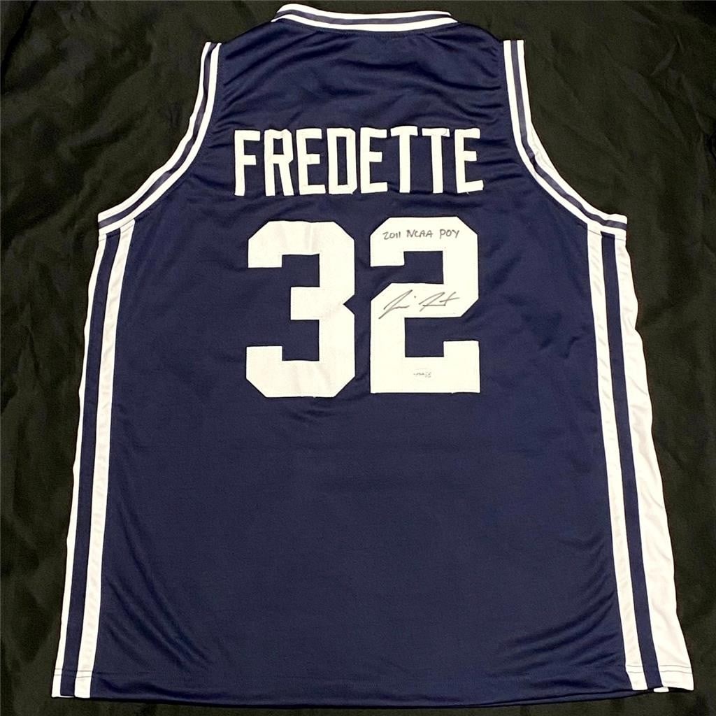 BYU Basketball Jersey Jimmer Fredette Signed 2011 NCAA POY JSA: BYU Basketball Jersey Jimmer Fredette Signed 2011 NCAA POY JSA This BYU basketball jersey is signed and inscribed with "2011 NCAA POY" by Jimmer Fredette. The autograph has been authenticated by James