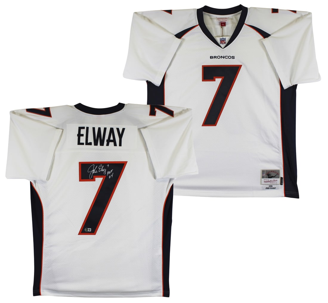 John Elway Signed 1998 Broncos Jersey HOF 04 BAS Authenticated: John Elway Signed 1998 Broncos Jersey HOF 04 BAS Authenticated This authentic white 1998 Mitchell & Ness throwback jersey features the legendary John Elway, adorned with the inscription "HOF 04." Pers