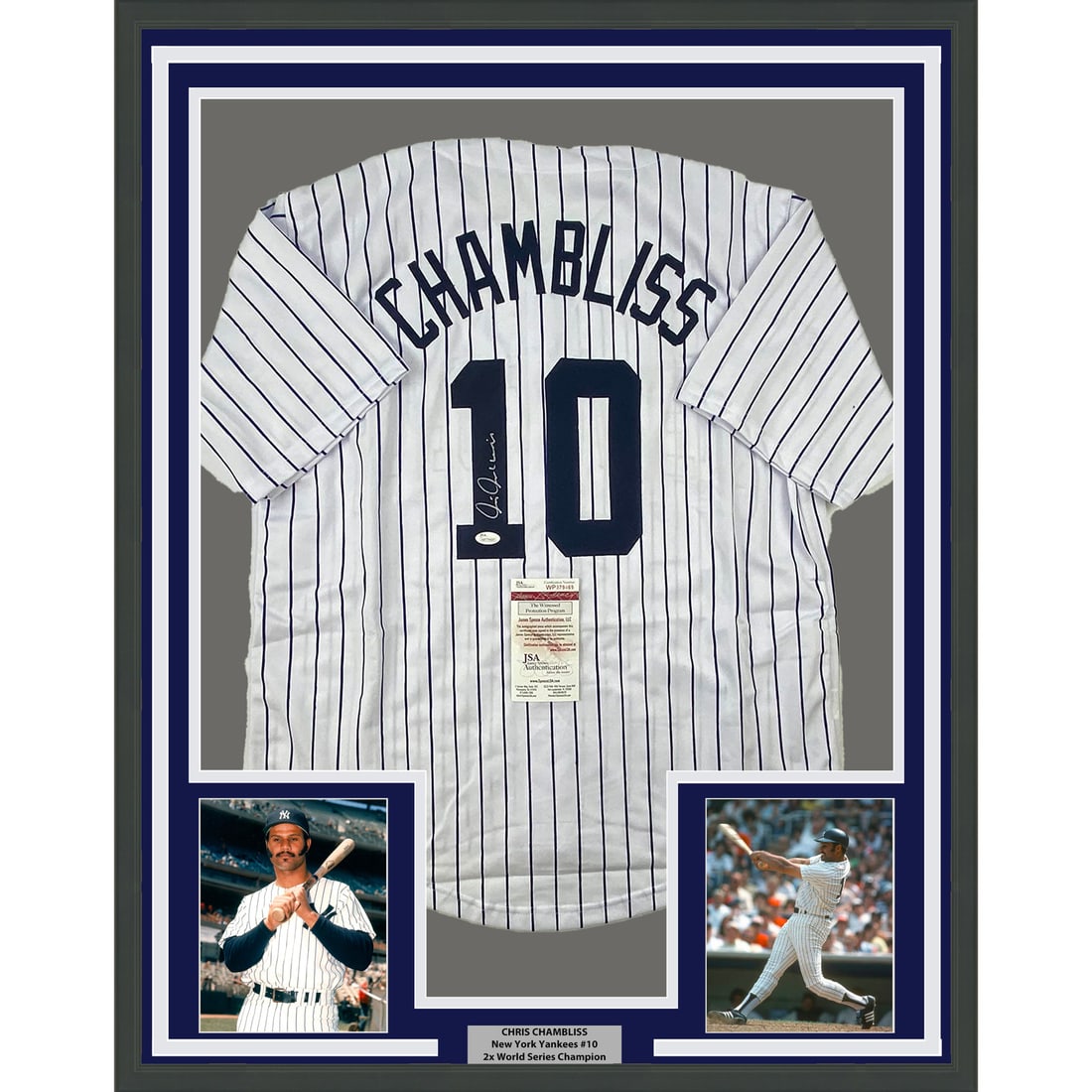 Framed Chris Chambliss Signed Yankees Jersey with JSA COA 33x42: Framed Chris Chambliss Signed Yankees Jersey with JSA COA 33x42 Celebrate your love for baseball with this professionally framed and autographed Chris Chambliss NY Pinstripe Jersey. This stunning piec