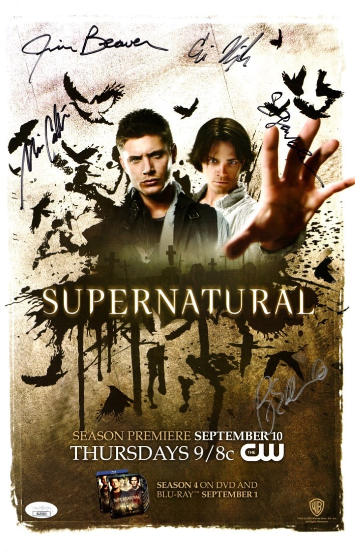 Supernatural Multi Signed 11X17 Poster Misha Collins Eric Kripke JSA Authenticated: Supernatural Multi Signed 11X17 Poster Misha Collins Eric Kripke JSA Authenticated This Supernatural multi-signed autographed poster features the signatures of renowned cast and creators, including Mi