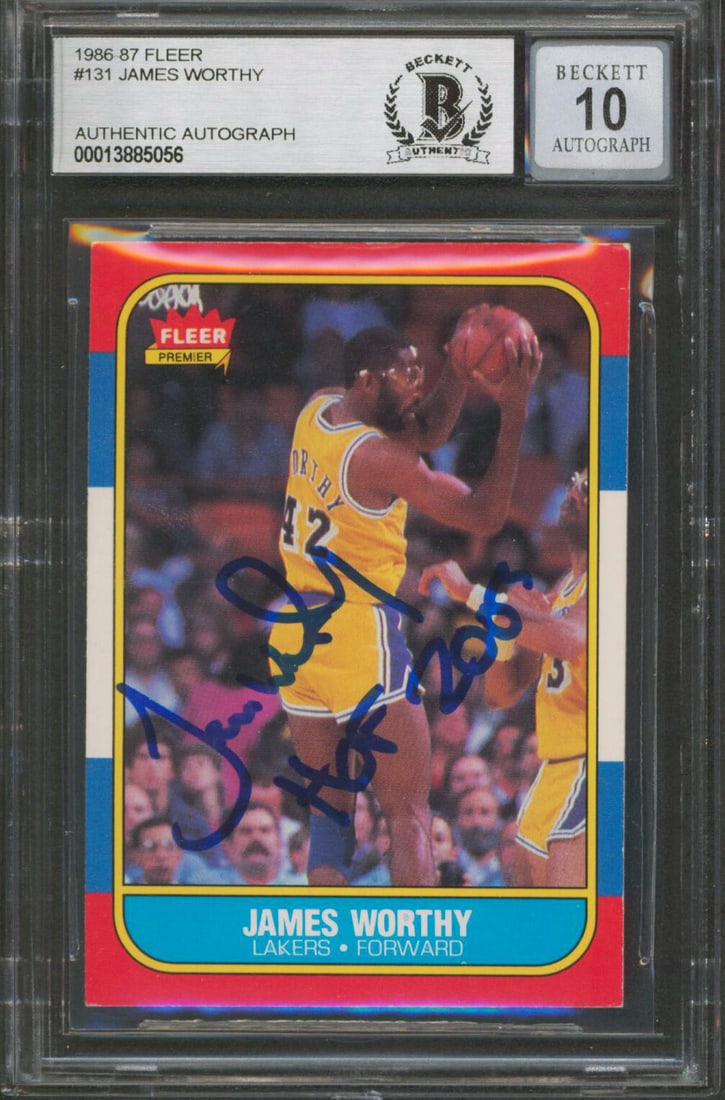 James Worthy HOF 2003 Signed 1986 Fleer Rookie Card Gem Mint 10 BAS: James Worthy HOF 2003 Signed 1986 Fleer Rookie Card Gem Mint 10 BAS This is a 1986 Fleer #131 Rookie Card of James Worthy, featuring the inscription "HOF 2003." Graded as Gem Mint 10 by Beckett, this 