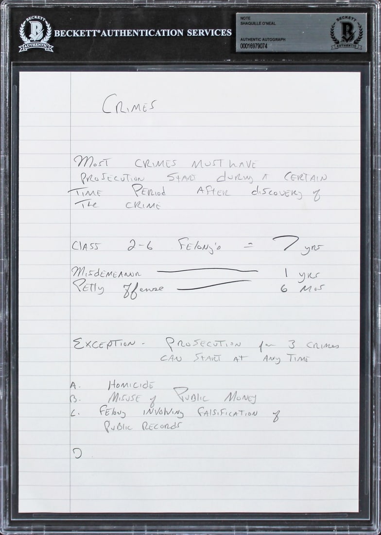 Beckett slabbed Shaquille O Neal handwritten Lakers 8x10 notes (1 of 2)
