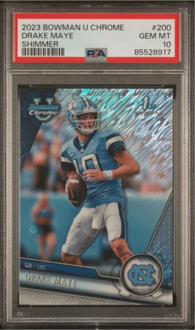 2023 Bowman U Chrome Drake Maye Shimmer Rookie Card PSA 10: 2023 Bowman U Chrome Drake Maye Shimmer Rookie Card PSA 10 This is an original 2023 Bowman U Chrome Drake Maye #200 Shimmer Rookie Football Card, professionally graded and encapsulated by Professional