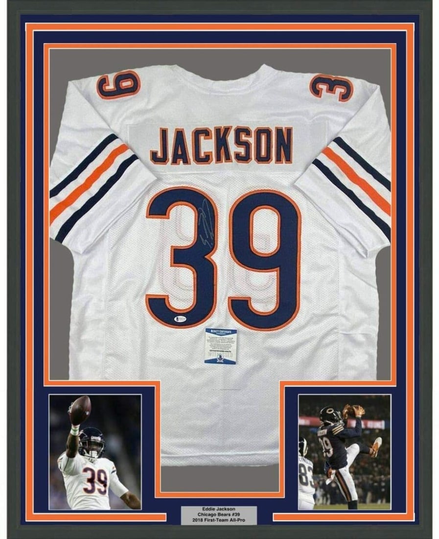 Framed Eddie Jackson Signed Chicago Bears White Jersey 33x42 Beckett COA: Framed Eddie Jackson Signed Chicago Bears White Jersey 33x42 Beckett COA Professionally framed and matted autographed Eddie Jackson Chicago white jersey display. This original signed football memorabi