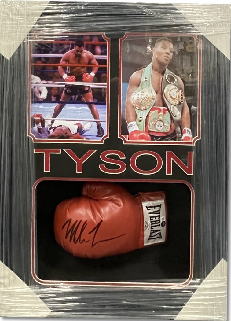 Mike Tyson Autographed Left Hand Glove Custom Framed Beckett Authenticated 22x28: Mike Tyson Autographed Left Hand Glove Custom Framed Beckett Authenticated 22x28 This is a legendary custom-framed autographed left-hand glove by boxing icon Mike Tyson. The glove is an original piece