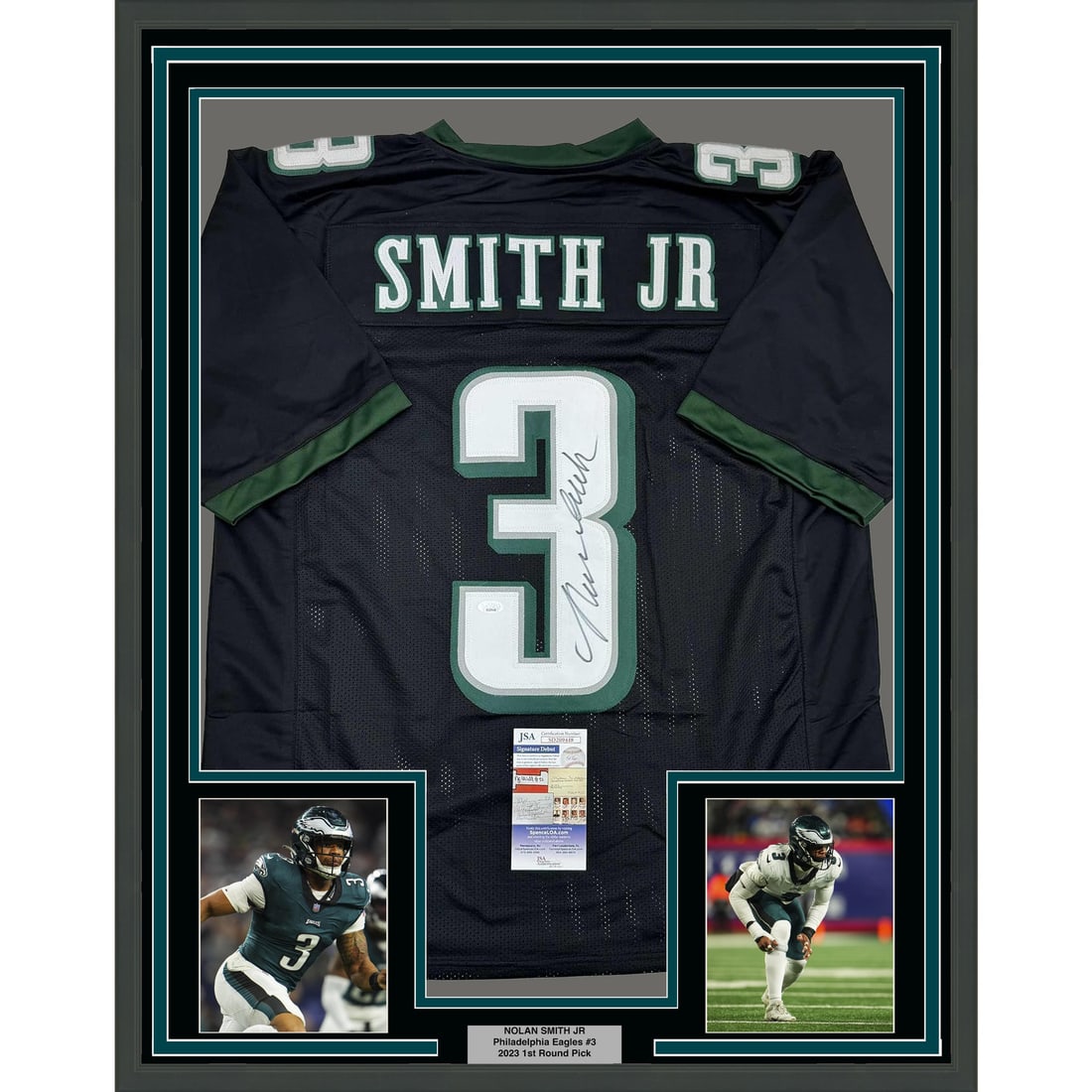 Framed Autographed Nolan Smith Jr Philadelphia Eagles Jersey JSA COA 35x39: Framed Autographed Nolan Smith Jr Philadelphia Eagles Jersey JSA COA 35x39 Celebrate your fandom with this professionally framed autographed Nolan Smith Jr. Philadelphia Eagles jersey, measuring 35x39