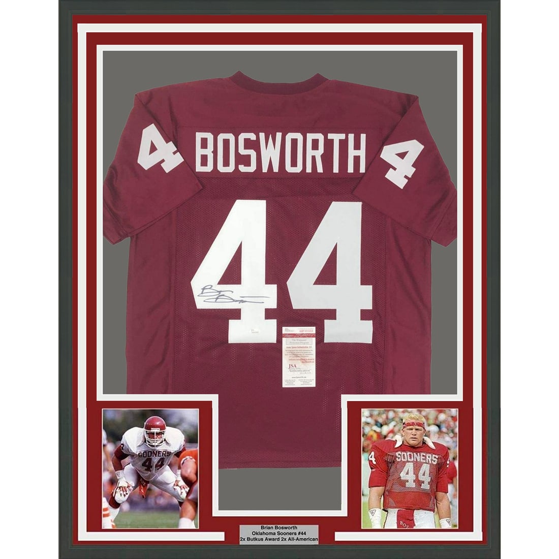 Brian Bosworth signed Oklahoma Sooners framed jersey JSA COA 33x42 (1 of 2)