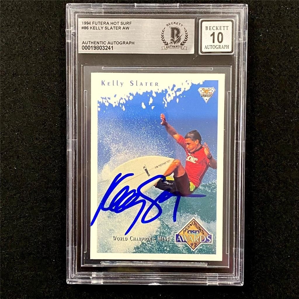 1994 Futera Hot Surf Kelly Slater BAS Signed Trading Card: 1994 Futera Hot Surf Kelly Slater BAS Signed Trading Card This is an original 1994 Futera Hot Surf #86 sports trading card featuring Kelly Slater. The card is hard signed by Kelly Slater and has been 