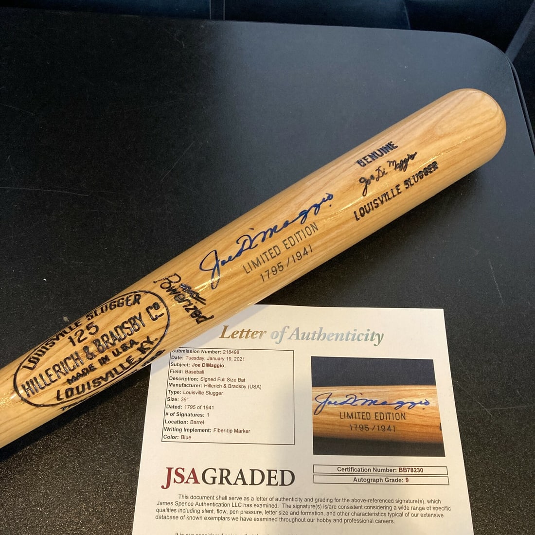Joe DiMaggio Signed Baseball Bat JSA Authenticated MINT 9: Joe DiMaggio Signed Baseball Bat JSA Authenticated MINT 9 This stunning Joe DiMaggio signed game model baseball bat is an outstanding collectible for any baseball fan. Authenticated by James Spence (J