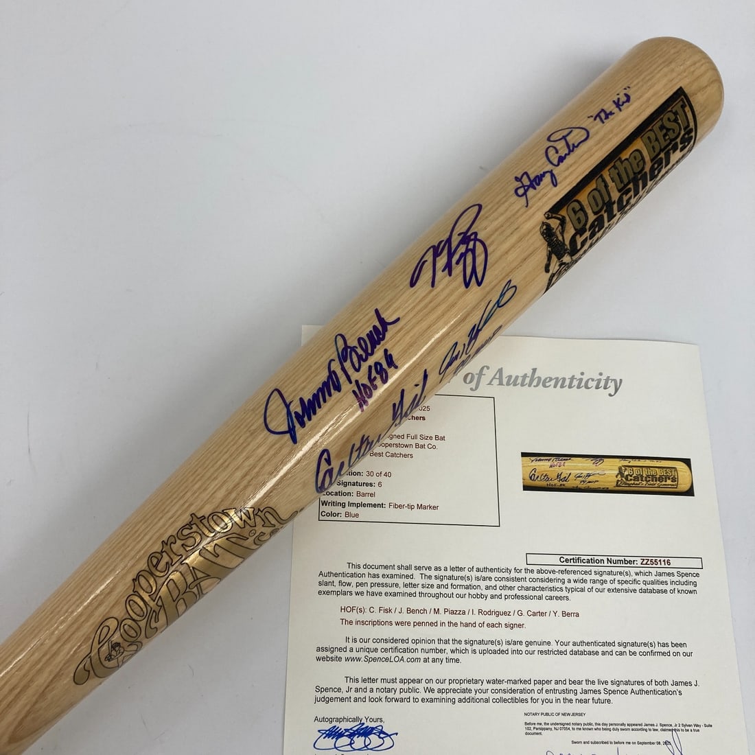 Signed Commemorative Bat Yogi Berra Johnny Bench Piazza JSA Authenticated: Signed Commemorative Bat Yogi Berra Johnny Bench Piazza JSA Authenticated Celebrate baseball history with this commemorative bat featuring signatures from some of the greatest catchers of all time. Th
