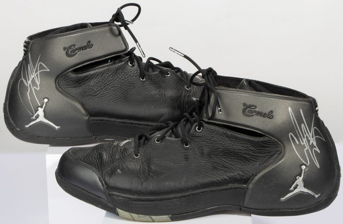 Signed 2004 Nike Air Jordans Game Worn by Carmelo Anthony JSA MEARS: Signed 2004 Nike Air Jordans Game Worn by Carmelo Anthony JSA MEARS Authentic 2004 game-worn Nike Air Jordans worn by Carmelo Anthony during the early years of his NBA career. Each shoe is hand-signed