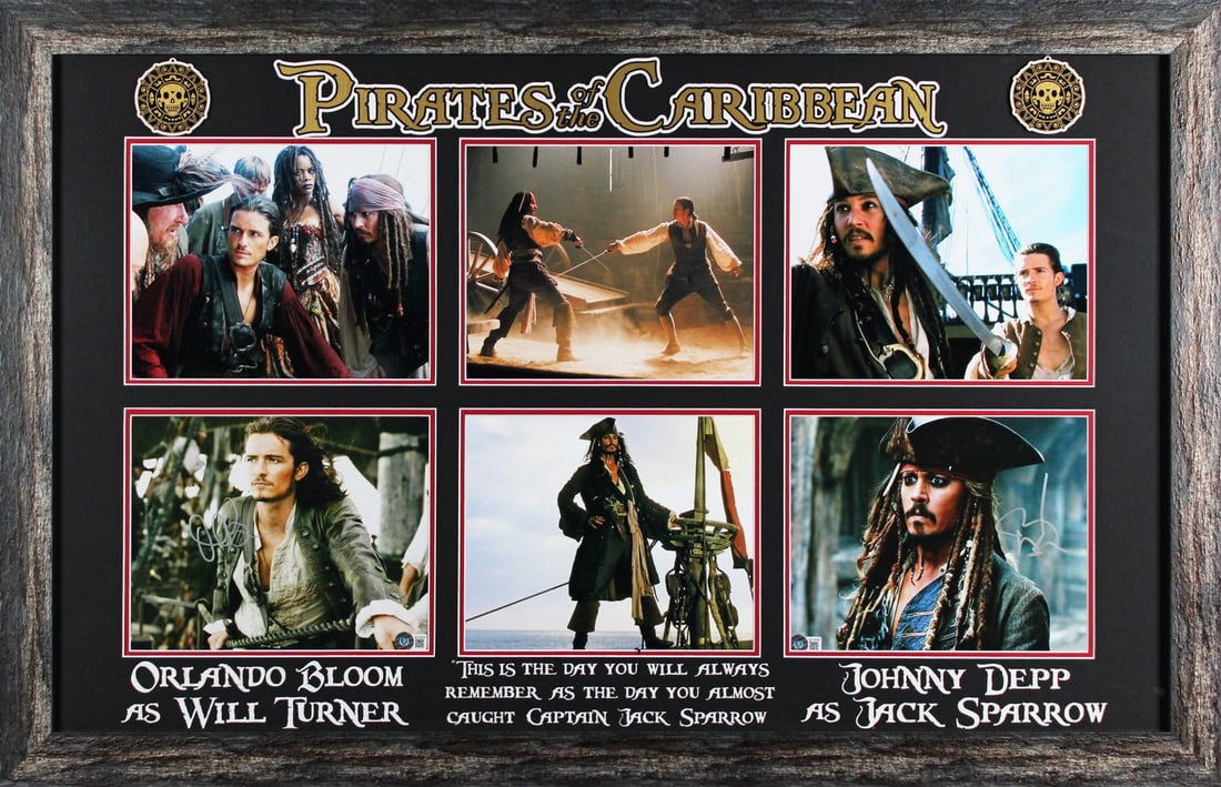 Johnny Depp Orlando Bloom Pirates Of The Caribbean Signed Framed Display BAS: Johnny Depp Orlando Bloom Pirates Of The Caribbean Signed Framed Display BAS This impressive framed display features a photograph personally signed by Johnny Depp and Orlando Bloom, iconic stars of th