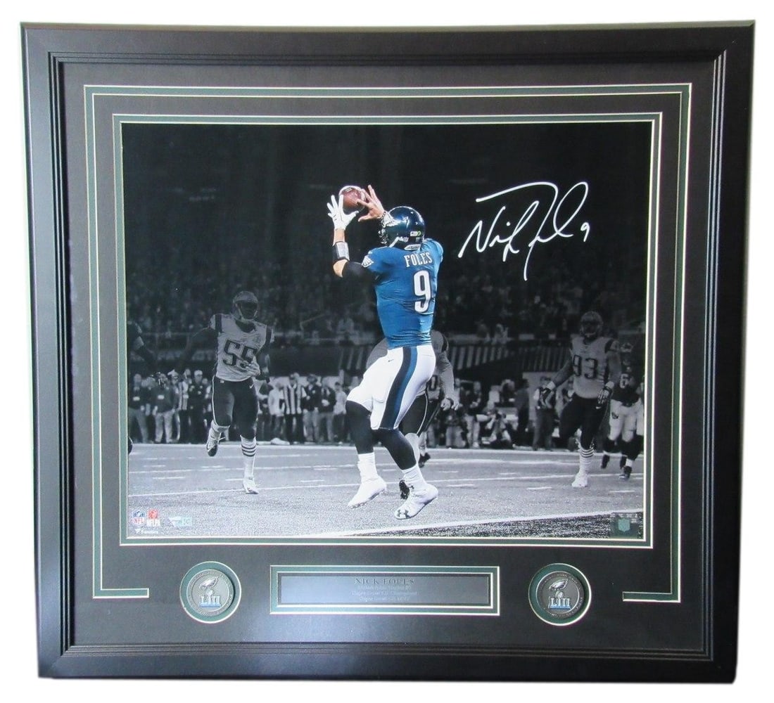 Framed Nick Foles Signed 16x20 Eagles Photo Super Bowl LII MVP Fanatics Authenticated: Framed Nick Foles Signed 16x20 Eagles Photo Super Bowl LII MVP Fanatics Authenticated This professionally framed 16x20 photo captures Nick Foles celebrating his MVP performance in Super Bowl LII with 
