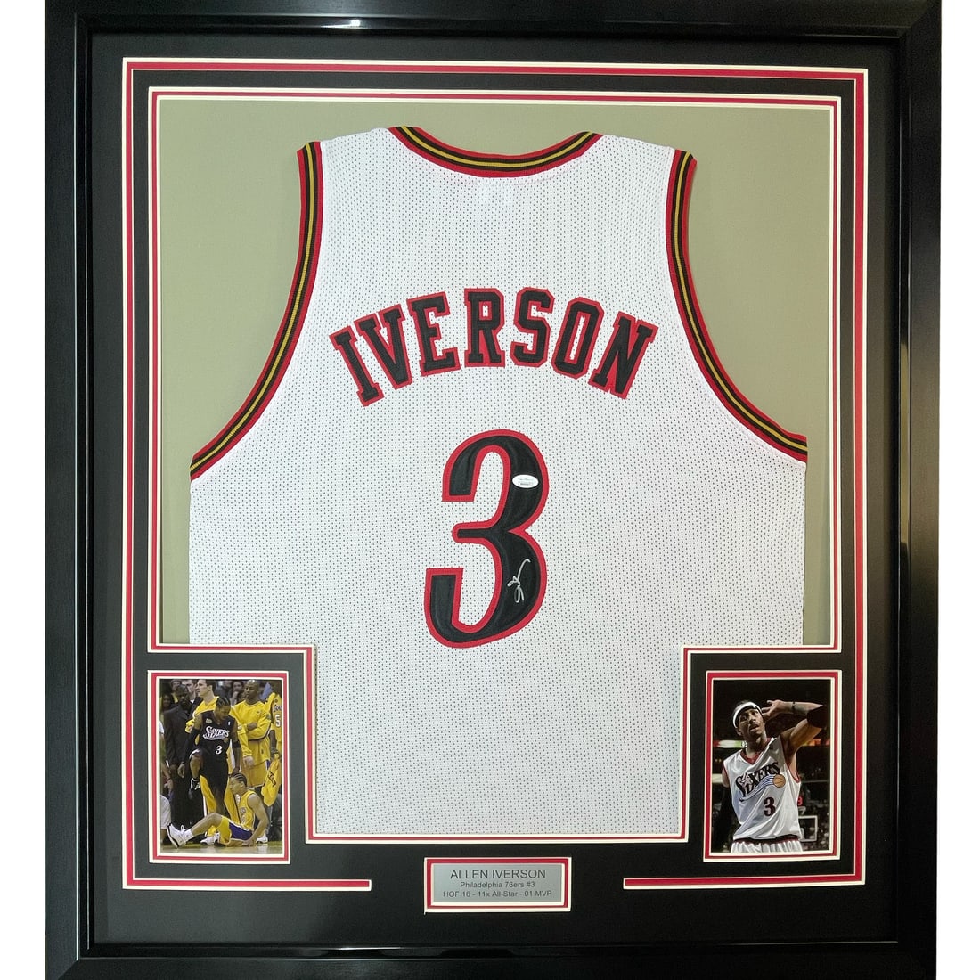 Allen Iverson signed framed Philadelphia 76ers jersey 35x39 PSA COA: Allen Iverson signed framed Philadelphia 76ers jersey 35x39 PSA COA This professionally framed and matted display features an autographed Allen Iverson Philadelphia 76ers white jersey. The jersey is a