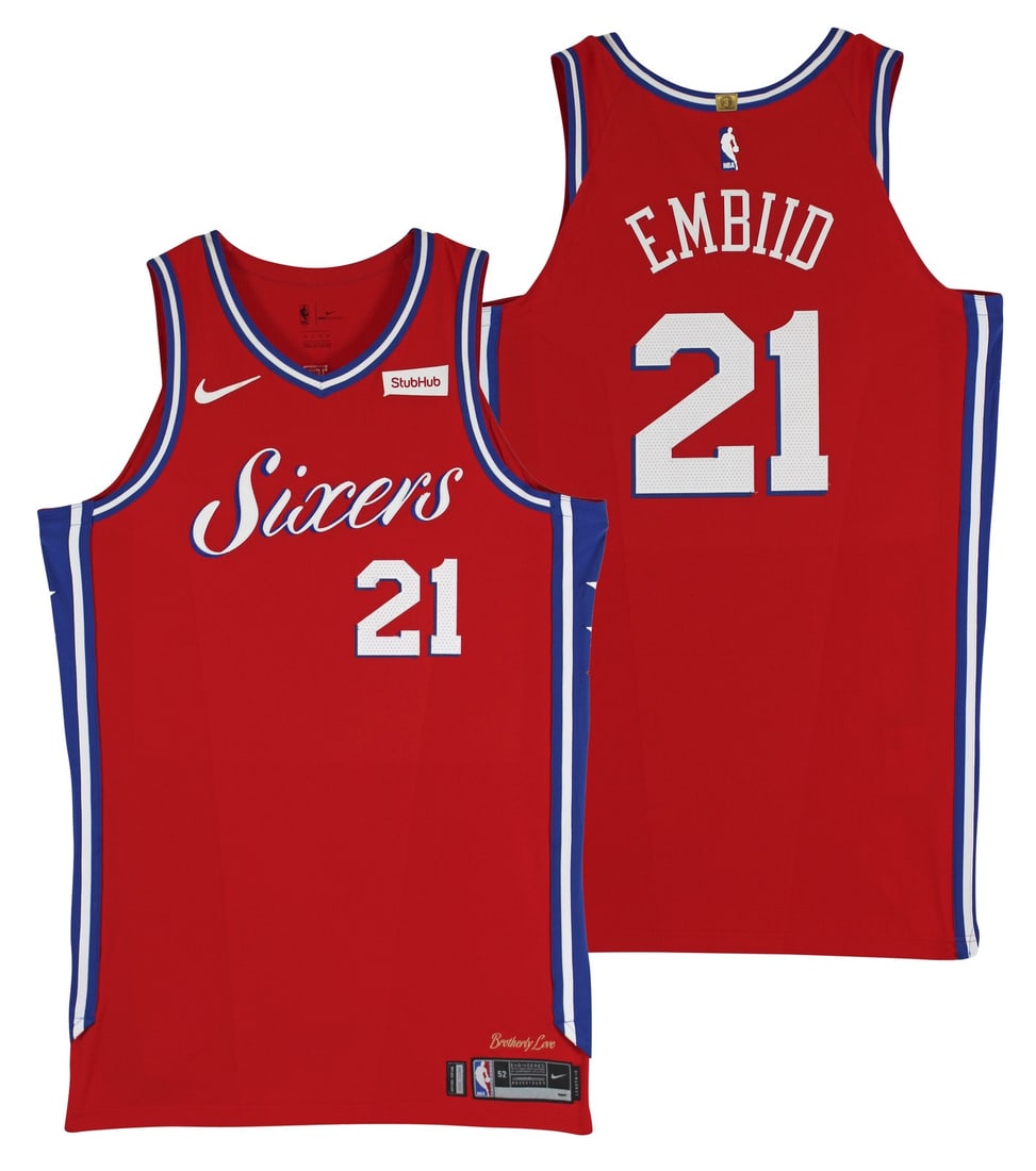 Joel Embiid Game Used 2018 76ers Red Nike Jersey with NBA LOA: Joel Embiid Game Used 2018 76ers Red Nike Jersey with NBA LOA This authentic Philadelphia 76ers red road jersey was worn by star player Joel Embiid during a game against the Miami Heat on March 8, 201