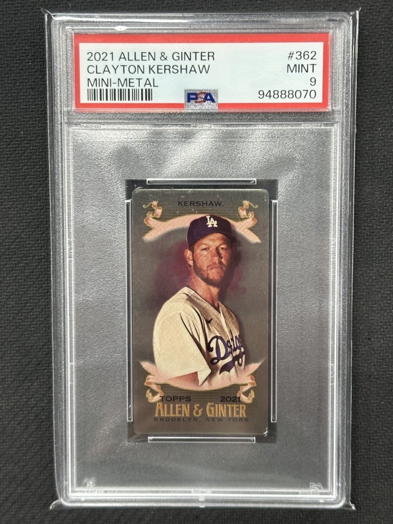 Clayton Kershaw 2021 Allen & Ginter Mini Metal PSA 9 Baseball Card: Clayton Kershaw 2021 Allen & Ginter Mini Metal PSA 9 Baseball Card This 2021 Allen & Ginter Mini Metal Baseball Card features Clayton Kershaw, the talented pitcher for the Los Angeles Dodgers. Graded 