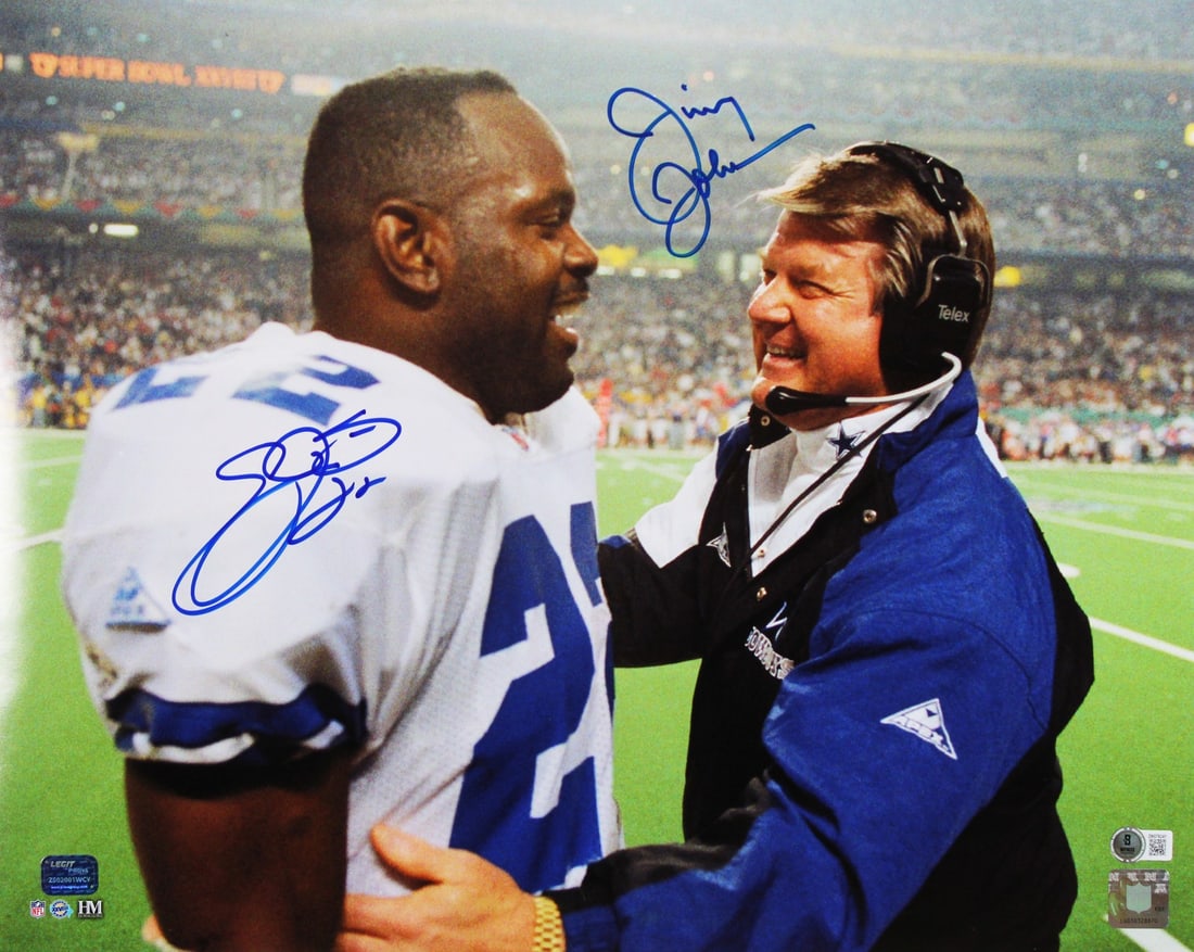 Emmitt Smith Jimmy Johnson Signed 16x20 Photo BAS Authenticated Dallas Cowboys: Emmitt Smith Jimmy Johnson Signed 16x20 Photo BAS Authenticated Dallas Cowboys This authentic 16x20 photo features the iconic signatures of Emmitt Smith and Jimmy Johnson, two legends of the Dallas Co