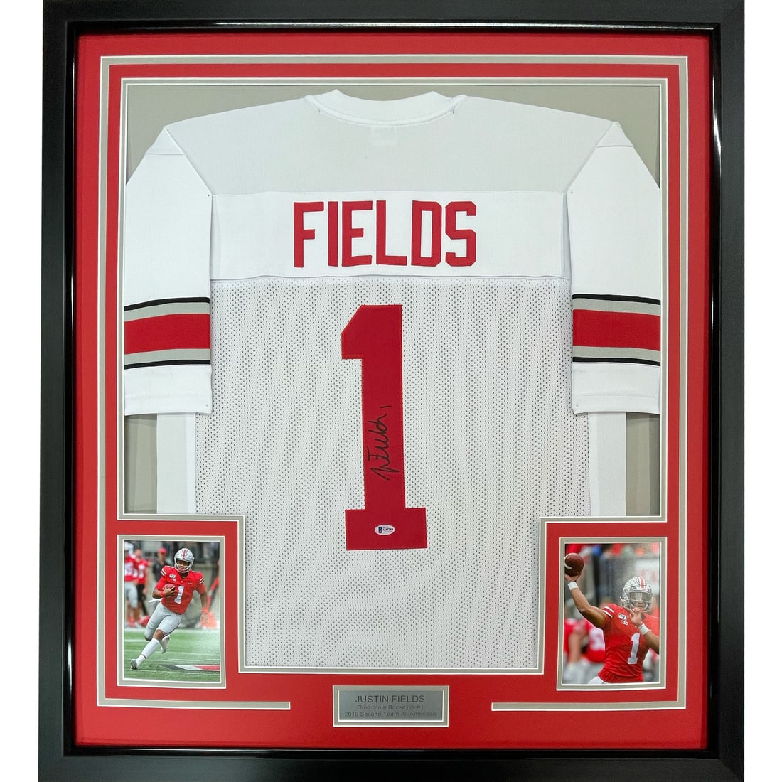 Framed Justin Fields signed Ohio State jersey with BAS COA 33x42: Framed Justin Fields signed Ohio State jersey with BAS COA 33x42 This professionally framed and matted Ohio State Buckeyes white jersey is autographed by Justin Fields. The display includes two 8x10 p
