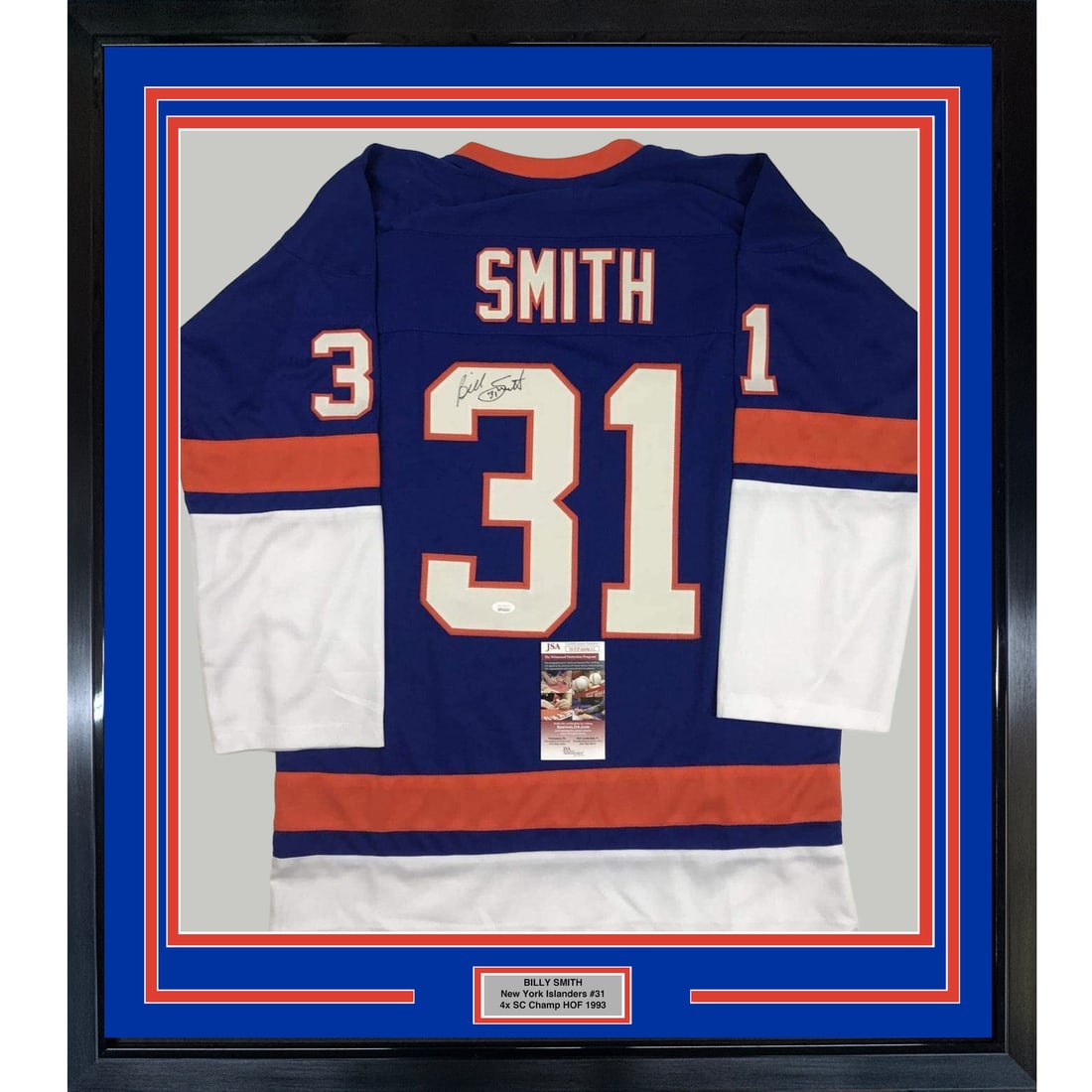 Framed Autographed Billy Smith New York Islanders Jersey JSA COA: Framed Autographed Billy Smith New York Islanders Jersey JSA COA This professionally framed and matted jersey celebrates the legendary Billy Smith of the New York Islanders, a true gem for any hockey 