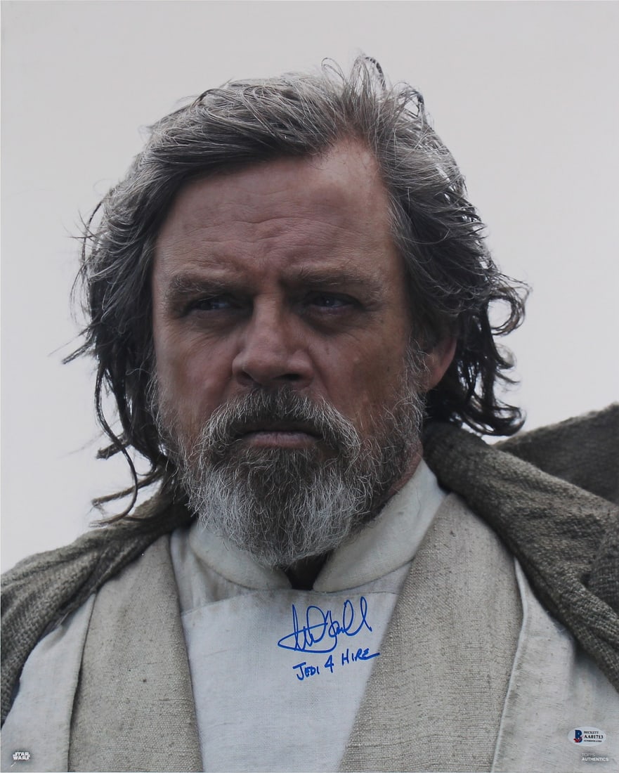 Mark Hamill Autographed 16x20 Jedi 4 Hire Photo Beckett Authenticated: Mark Hamill Autographed 16x20 Jedi 4 Hire Photo Beckett Authenticated This is an original 16x20 photograph from Star Wars: The Force Awakens, personally signed by Mark Hamill. The photo features the i
