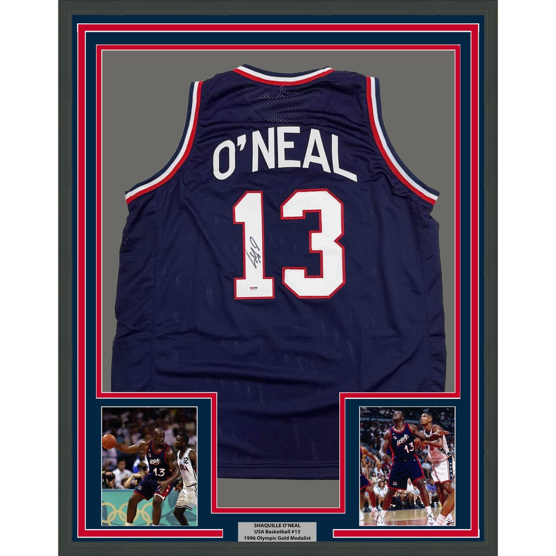 Shaquille O'Neal Signed USA Blue Jersey Framed 35x39 With PSA Authentication: Shaquille O'Neal Signed USA Blue Jersey Framed 35x39 With PSA Authentication This professionally framed and matted display features a blue USA jersey autographed by Shaquille O'Neal. The jersey is aut
