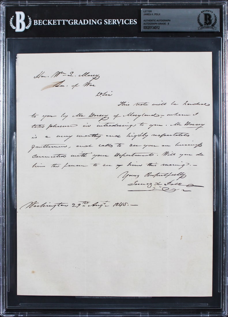 Beckett Slabbed James K Polk Signed 7.5x9.25 Handwritten Letter August 1845 (1 of 2)