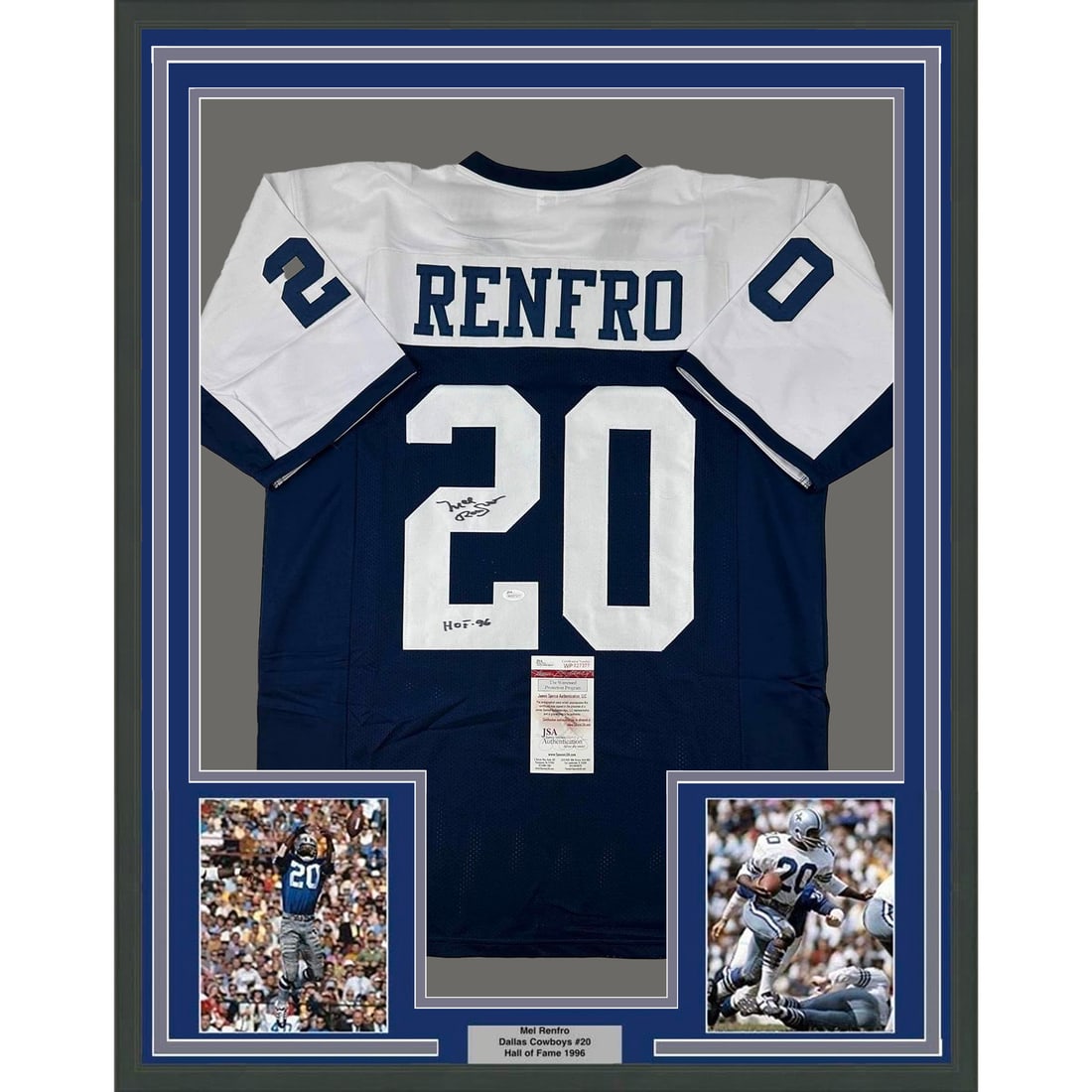 Mel Renfro signed framed Dallas Cowboys HOF jersey JSA COA: Mel Renfro signed framed Dallas Cowboys HOF jersey JSA COA This professionally framed and matted display features a Mel Renfro autographed Thanksgiving Day jersey, commemorating his Hall of Fame caree