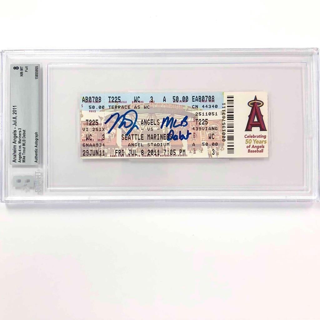 Mike Trout MLB Debut Signed Ticket 7/8/2011 BGS 8 with MLB Hologram: Mike Trout MLB Debut Signed Ticket 7/8/2011 BGS 8 with MLB Hologram This is an original full ticket from Mike Trout's MLB debut on July 8, 2011, featuring the Los Angeles Angels. The ticket has been g