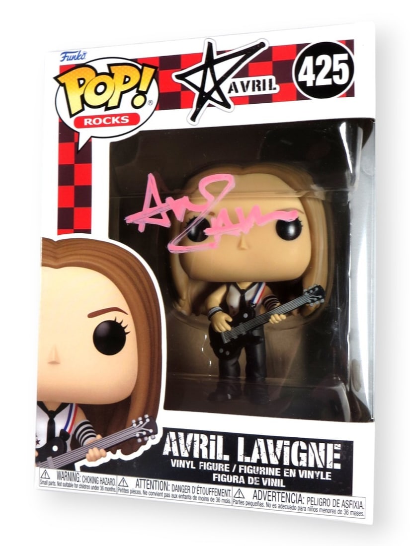 Avril Lavigne Signed Funko POP! Figure #425 Pink Ink JSA Authenticated: Avril Lavigne Signed Funko POP! Figure #425 Pink Ink JSA Authenticated Enhance your collection with this original, autographed Funko POP! figure of Avril Lavigne, featuring her signature in pink ink. 