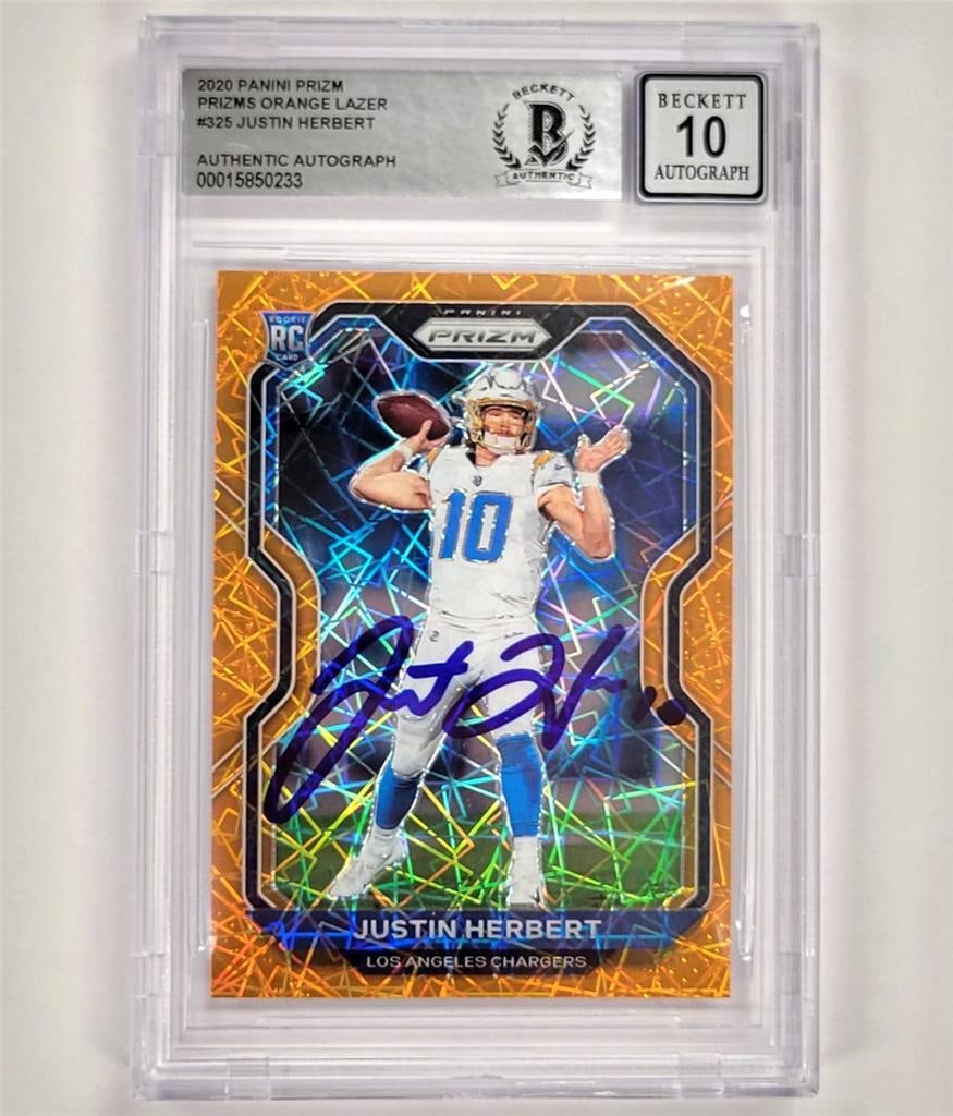 Justin Herbert 2020 Prizm Orange Lazer #325 Rookie Card BAS 10 Auto: Justin Herbert 2020 Prizm Orange Lazer #325 Rookie Card BAS 10 Auto This is a Justin Herbert signed 2020 Prizm Orange Lazer #325 rookie card, featuring a bold autograph from the talented quarterback o