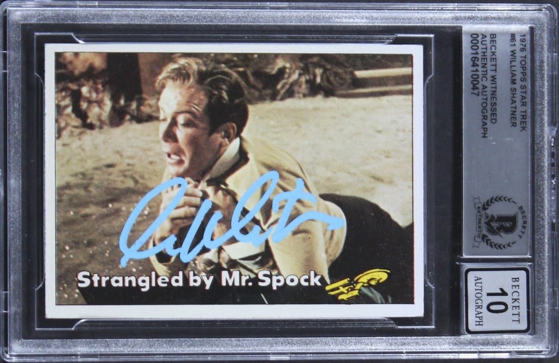 William Shatner Signed 1976 Topps Star Trek #61 Gem Mint 10 Card Beckett Authenticated: William Shatner Signed 1976 Topps Star Trek #61 Gem Mint 10 Card Beckett Authenticated This is a signed 1976 Topps Star Trek #61 trading card, featuring the autograph of William Shatner, known for his