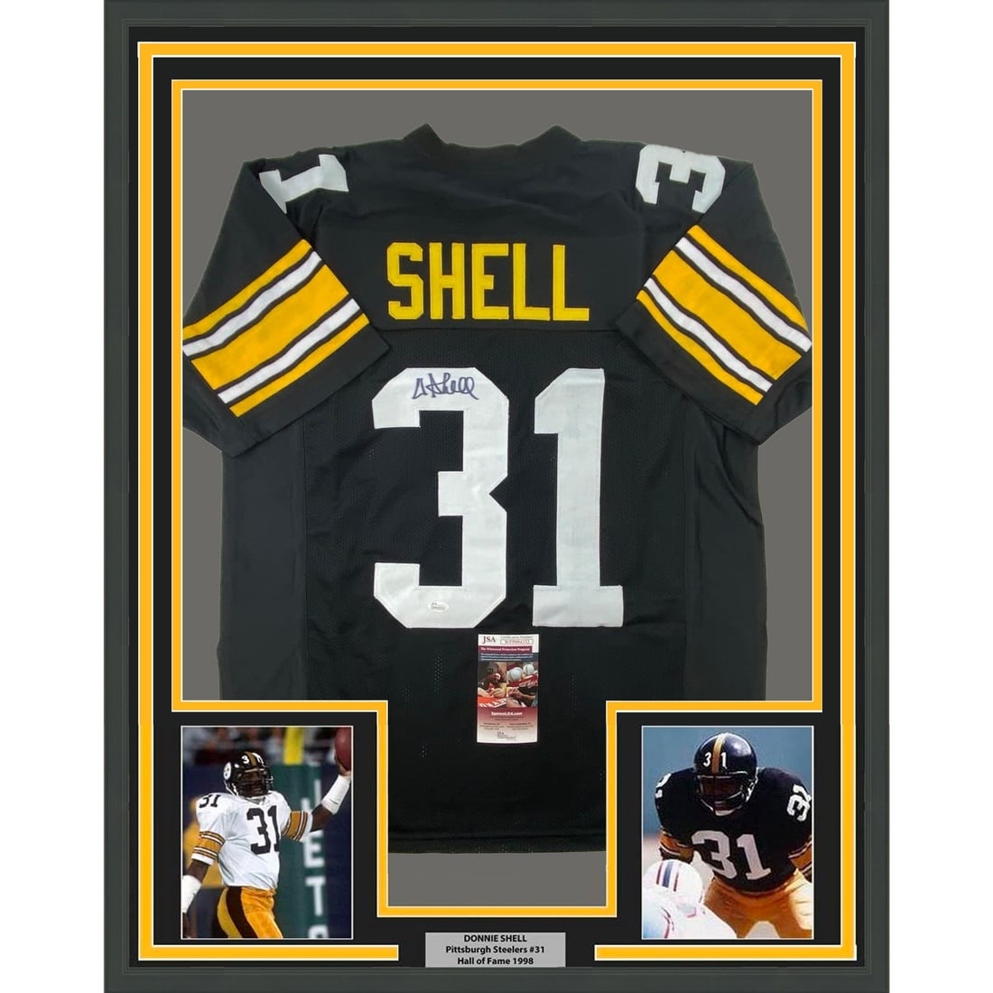 Donnie Shell Signed Steelers Framed Jersey 33x42 JSA COA: Donnie Shell Signed Steelers Framed Jersey 33x42 JSA COA This professionally framed and matted display features a black Pittsburgh Steelers jersey autographed by Donnie Shell. The jersey is authentica