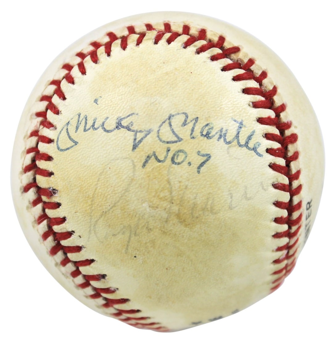 PSA DNA signed Yankees baseball Mickey Mantle Roger Maris No 7: PSA DNA signed Yankees baseball Mickey Mantle Roger Maris No 7 This original Charles Feeney ONL baseball has been personally signed by Mickey Mantle and Roger Maris of the New York Yankees, with Mantl