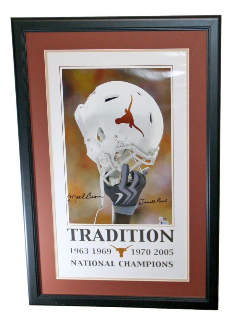 Framed Texas Longhorns 14x24 Poster Signed by Mack Brown and Darrell Royal BAS (1 of 3)