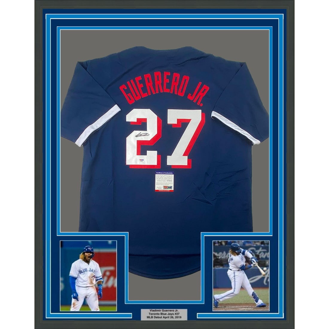 Framed Signed Vladimir Guerrero Jr Blue Jersey 33x42 PSA COA: Framed Signed Vladimir Guerrero Jr Blue Jersey 33x42 PSA COA Celebrate your love for baseball with this professionally framed and autographed jersey of Vladimir Guerrero Jr., a star player for the Tor