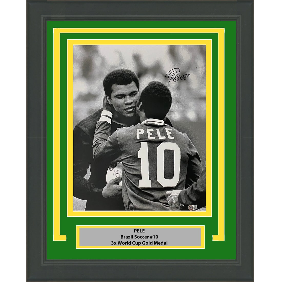 Framed Autographed Pele Brazil Soccer 16x20 Photo with Muhammad Ali BAS: Framed Autographed Pele Brazil Soccer 16x20 Photo with Muhammad Ali BAS Celebrate the legacy of two iconic athletes with this framed and autographed 16x20 photo featuring Pele of Brazil and Muhammad A
