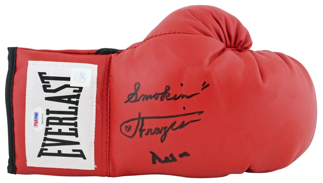 Red Everlast Glove Signed by Muhammad Ali and Joe Frazier PSA Authenticated: Red Everlast Glove Signed by Muhammad Ali and Joe Frazier PSA Authenticated This red Everlast boxing glove has been personally signed by both Muhammad Ali and Joe Frazier, including an inscription of 