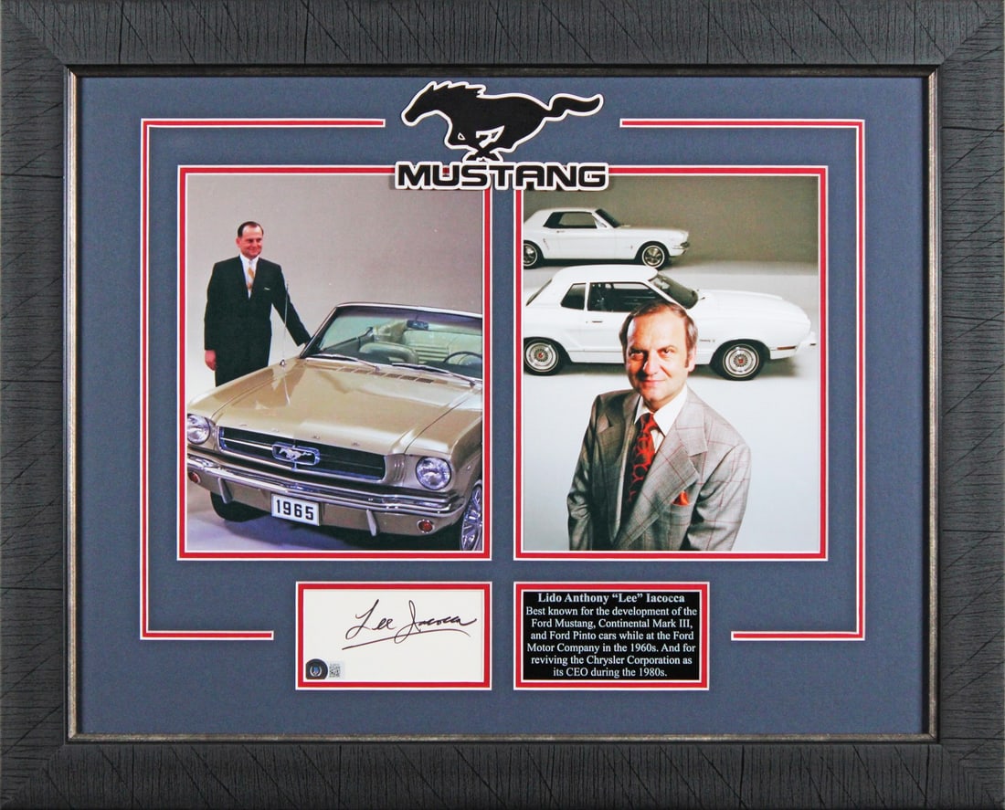 Framed 3x5 index card display signed by Lee Iacocca Beckett authenticated: Framed 3x5 index card display signed by Lee Iacocca Beckett authenticated Framed display featuring an authentic Lee Iacocca signed 3x5 index card. The autograph is authenticated by Beckett Authenticat