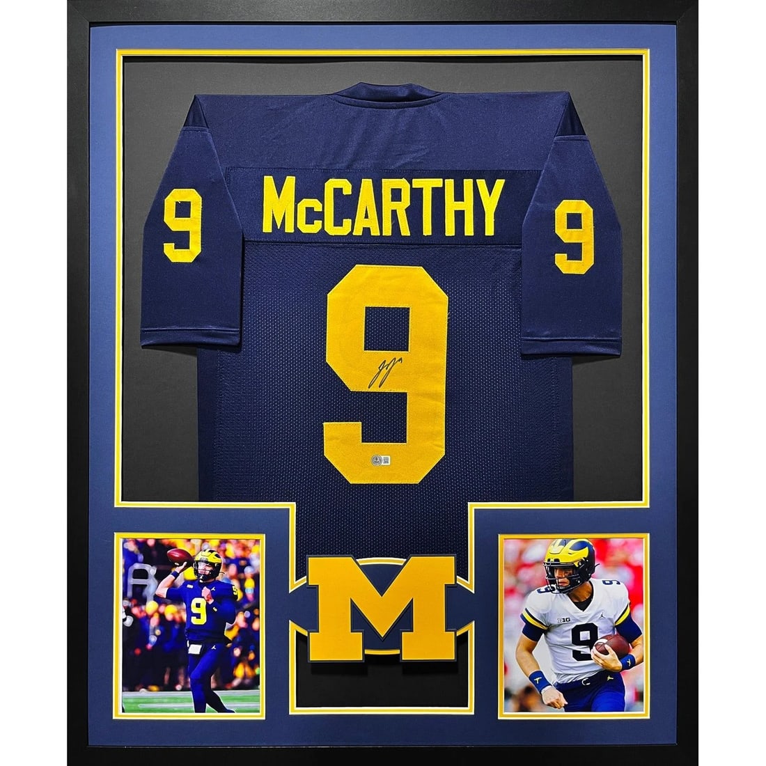 JJ McCarthy Signed Framed Jersey Autographed by Beckett Michigan 42x34: JJ McCarthy Signed Framed Jersey Autographed by Beckett Michigan 42x34 This framed autographed jersey of JJ McCarthy is a must-have for any Michigan Wolverines fan. Authenticated by Beckett, a leader 