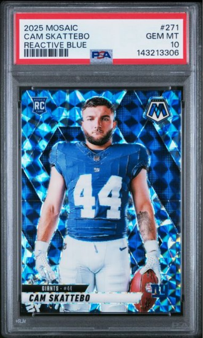 PSA 10 Cam Skattebo 2025 Mosaic NFL Rookie Reactive Blue #271: PSA 10 Cam Skattebo 2025 Mosaic NFL Rookie Reactive Blue #271 This is a 2025 Panini Mosaic Cam Skattebo #271 Reactive Blue Rookie card, professionally graded and encapsulated by PSA with a grade of 10
