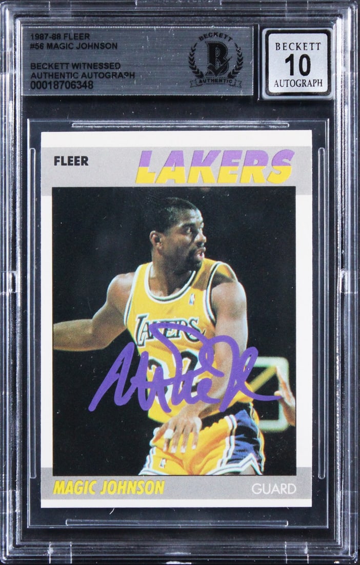 1987 Fleer #56 Magic Johnson Beckett Gem Mint 10 Signed Card Slabbed: 1987 Fleer #56 Magic Johnson Beckett Gem Mint 10 Signed Card Slabbed This is an original 1987 Fleer #56 basketball trading card personally signed by Magic Johnson of the Los Angeles Lakers. The autogr